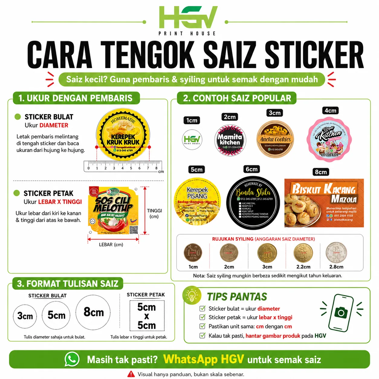 Cara tengok saiz sticker — ukur dengan pembaris & rujukan syiling