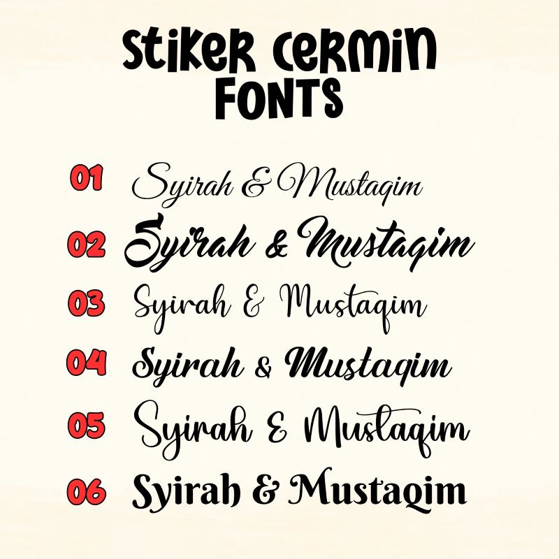 Enam contoh font sticker cermin