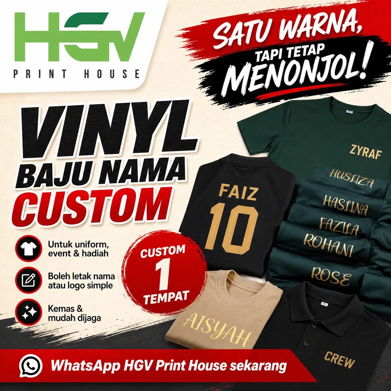Vinyl baju nama custom — satu warna tapi tetap menonjol